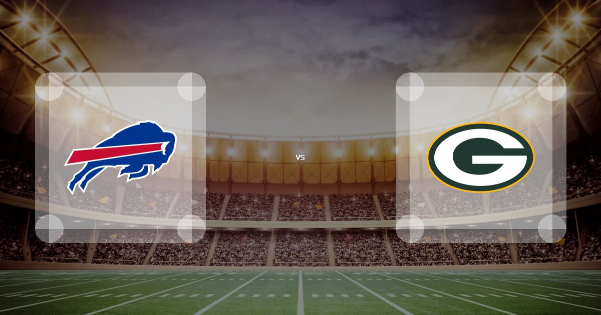 Eine Gamecard Grafik fuer das Spiel zwischen den Buffalo Bills und Green Bay Packers am 14.12.26. die zwei Teamlogos stehen sich in einem Stadion mit vielen Zuschauern gegenueber.