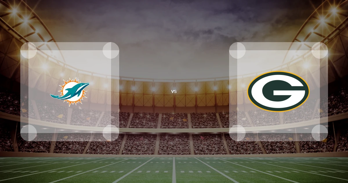Eine Gamecard Grafik fuer das Spiel zwischen den Miami Dolphins und Green Bay Packers am 20.12.26. die zwei Teamlogos stehen sich in einem Stadion mit vielen Zuschauern gegenueber.