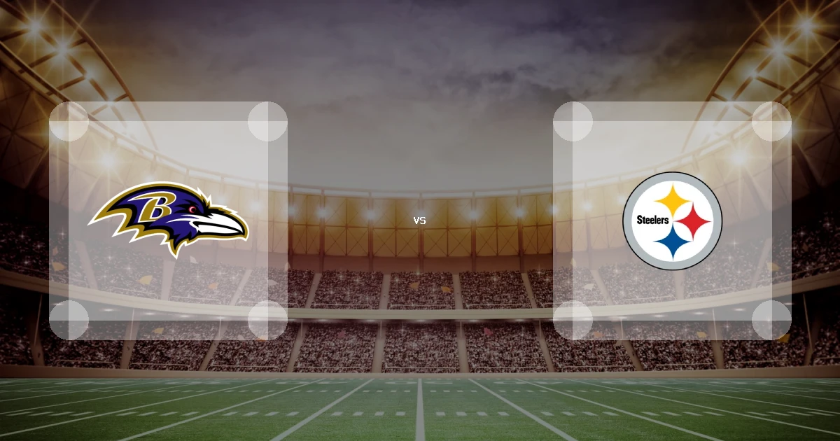 Eine Gamecard Grafik fuer das Spiel zwischen den Baltimore Ravens und Pittsburgh Steelers am 20.12.26. die zwei Teamlogos stehen sich in einem Stadion mit vielen Zuschauern gegenueber.