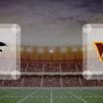 Eine Gamecard Grafik fuer das Spiel zwischen den Atlanta Falcons und Washington Commanders am 20.12.26. die zwei Teamlogos stehen sich in einem Stadion mit vielen Zuschauern gegenueber.