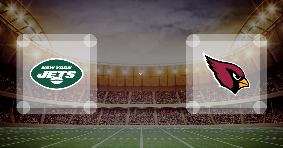 Eine Gamecard Grafik fuer das Spiel zwischen den New York Jets und Arizona Cardinals am 20.12.26. die zwei Teamlogos stehen sich in einem Stadion mit vielen Zuschauern gegenueber.