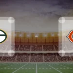 Eine Gamecard Grafik fuer das Spiel zwischen den Green Bay Packers und Chicago Bears am 25.12.26. die zwei Teamlogos stehen sich in einem Stadion mit vielen Zuschauern gegenueber.