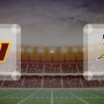 Eine Gamecard Grafik fuer das Spiel zwischen den Washington Commanders und Minnesota Vikings am 27.12.26. die zwei Teamlogos stehen sich in einem Stadion mit vielen Zuschauern gegenueber.