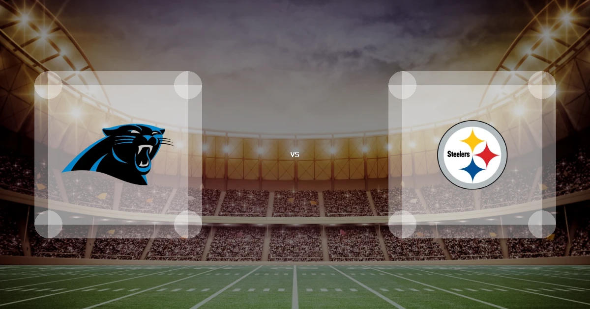 Eine Gamecard Grafik fuer das Spiel zwischen den Carolina Panthers und Pittsburgh Steelers am 27.12.26. die zwei Teamlogos stehen sich in einem Stadion mit vielen Zuschauern gegenueber.