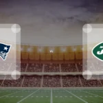 Eine Gamecard Grafik fuer das Spiel zwischen den New England Patriots und New York Jets am 27.12.26. die zwei Teamlogos stehen sich in einem Stadion mit vielen Zuschauern gegenueber.