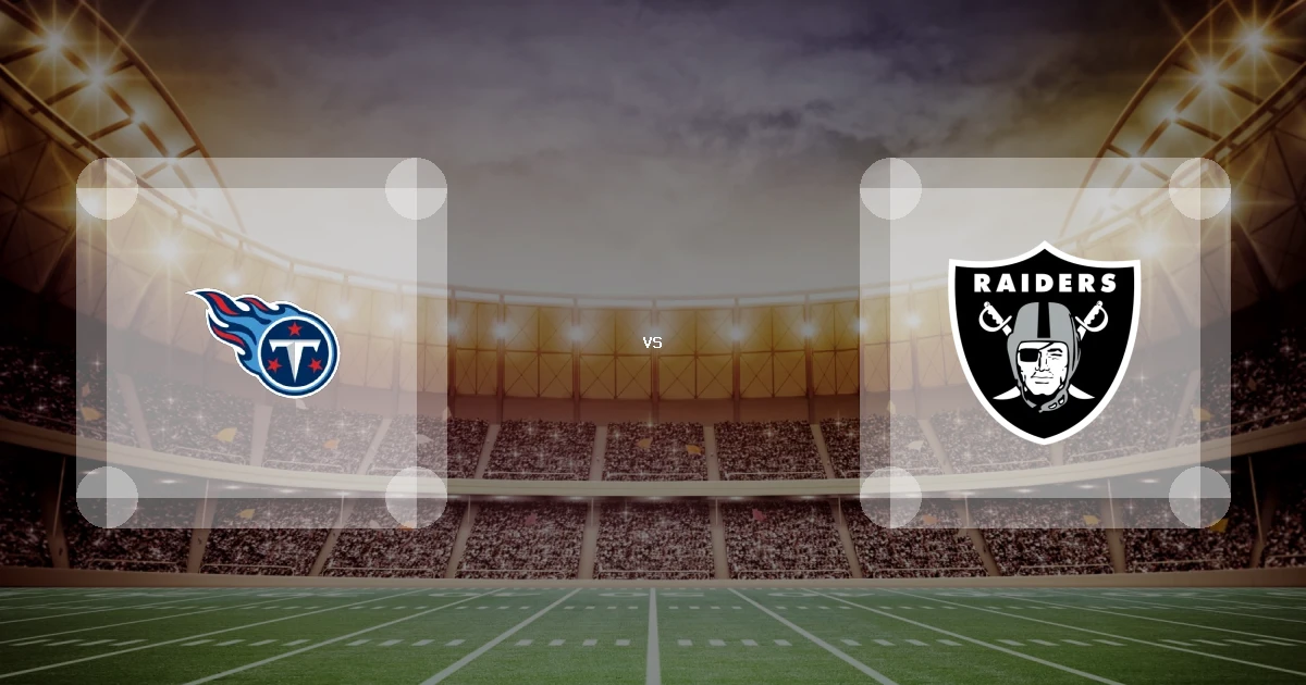 Eine Gamecard Grafik fuer das Spiel zwischen den Tennessee Titans und Las Vegas Raiders am 27.12.26. die zwei Teamlogos stehen sich in einem Stadion mit vielen Zuschauern gegenueber.