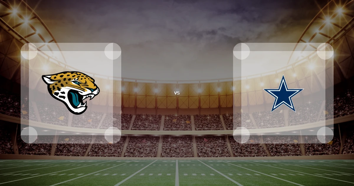 Eine Gamecard Grafik fuer das Spiel zwischen den Jacksonville Jaguars und Dallas Cowboys am 28.12.26. die zwei Teamlogos stehen sich in einem Stadion mit vielen Zuschauern gegenueber.