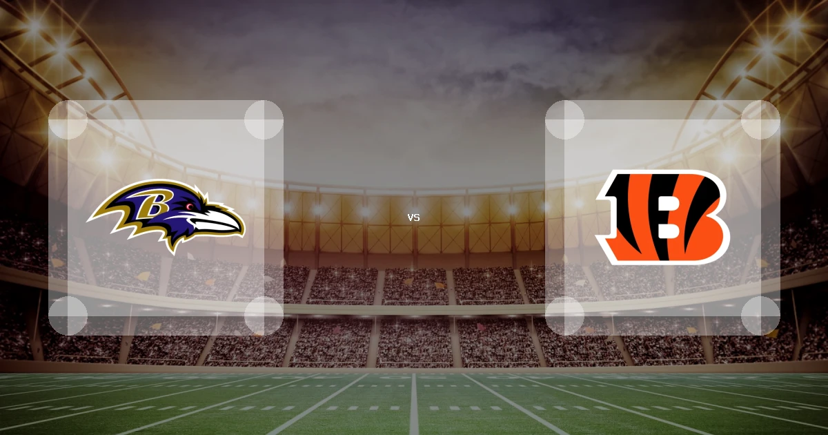 Eine Gamecard Grafik fuer das Spiel zwischen den Baltimore Ravens und Cincinnati Bengals am 01.01.27. die zwei Teamlogos stehen sich in einem Stadion mit vielen Zuschauern gegenueber.