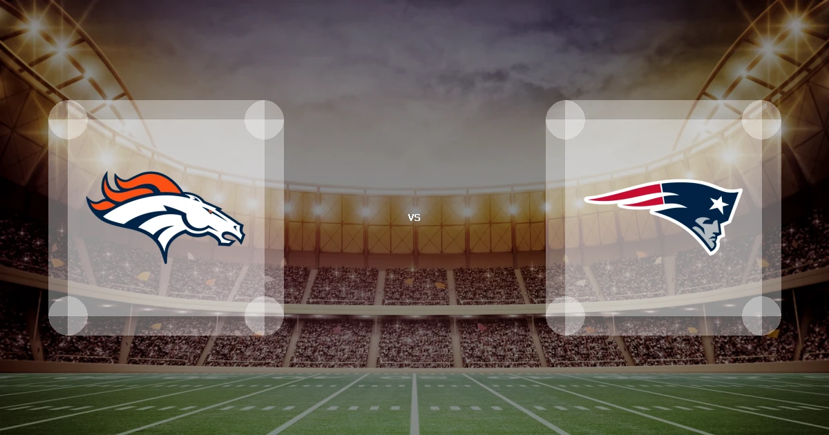 Eine Gamecard Grafik fuer das Spiel zwischen den Denver Broncos und New England Patriots am 03.01.27. die zwei Teamlogos stehen sich in einem Stadion mit vielen Zuschauern gegenueber.