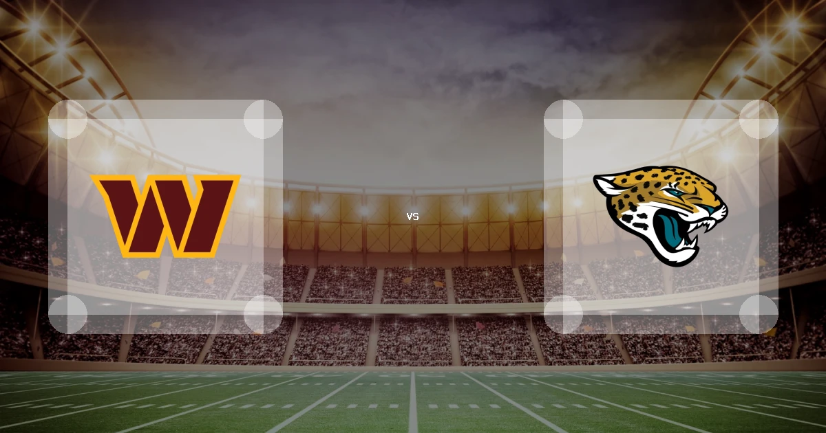 Eine Gamecard Grafik fuer das Spiel zwischen den Washington Commanders und Jacksonville Jaguars am 03.01.27. die zwei Teamlogos stehen sich in einem Stadion mit vielen Zuschauern gegenueber.