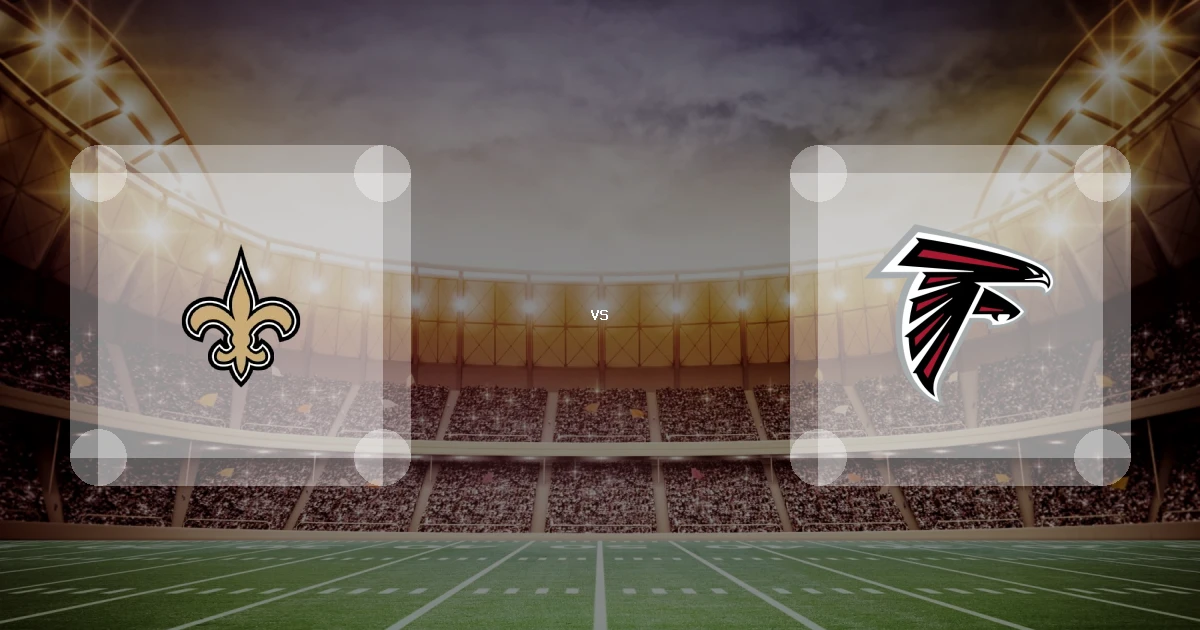 Eine Gamecard Grafik fuer das Spiel zwischen den New Orleans Saints und Atlanta Falcons am 03.01.27. die zwei Teamlogos stehen sich in einem Stadion mit vielen Zuschauern gegenueber.