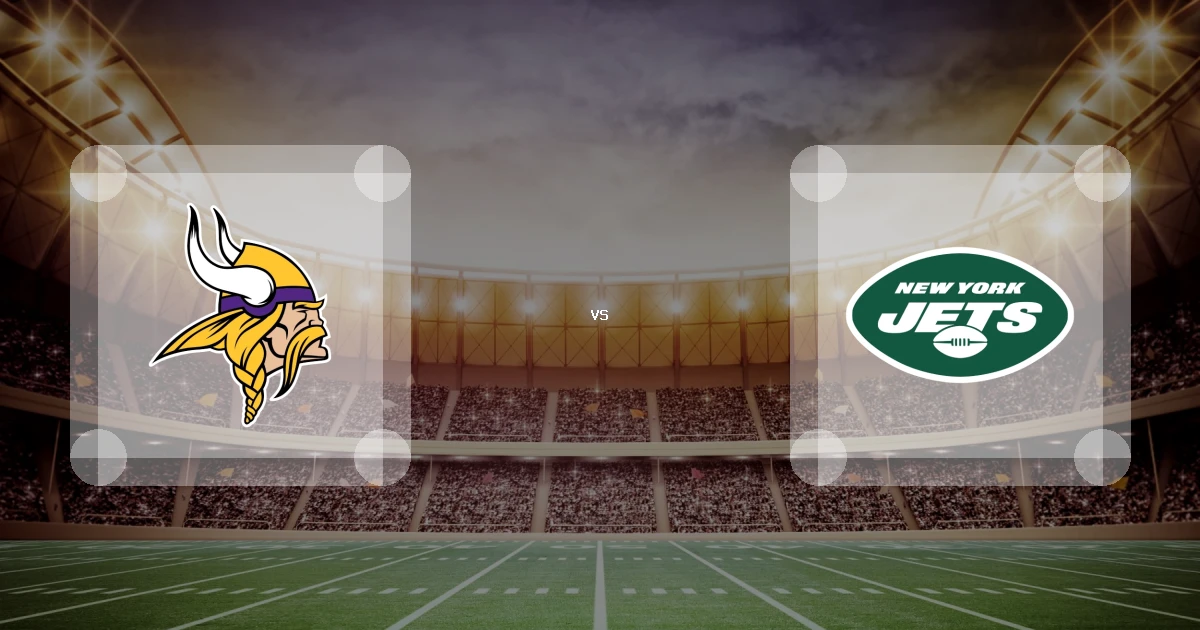 Eine Gamecard Grafik fuer das Spiel zwischen den Minnesota Vikings und New York Jets am 03.01.27. die zwei Teamlogos stehen sich in einem Stadion mit vielen Zuschauern gegenueber.