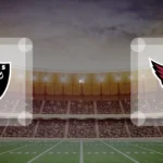 Eine Gamecard Grafik fuer das Spiel zwischen den Las Vegas Raiders und Arizona Cardinals am 03.01.27. die zwei Teamlogos stehen sich in einem Stadion mit vielen Zuschauern gegenueber.