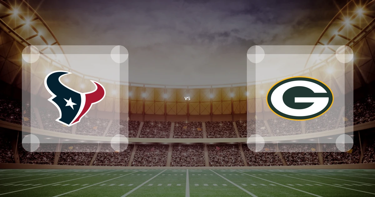Eine Gamecard Grafik fuer das Spiel zwischen den Houston Texans und Green Bay Packers am 05.01.27. die zwei Teamlogos stehen sich in einem Stadion mit vielen Zuschauern gegenueber.
