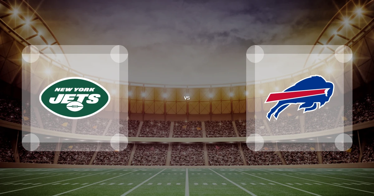Eine Gamecard Grafik fuer das Spiel zwischen den New York Jets und Buffalo Bills am 10.01.27. die zwei Teamlogos stehen sich in einem Stadion mit vielen Zuschauern gegenueber.