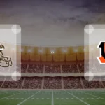Eine Gamecard Grafik fuer das Spiel zwischen den Cleveland Browns und Cincinnati Bengals am 10.01.27. die zwei Teamlogos stehen sich in einem Stadion mit vielen Zuschauern gegenueber.
