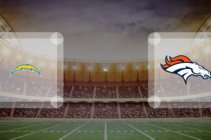 Eine Gamecard Grafik fuer das Spiel zwischen den Los Angeles Chargers und Denver Broncos am 10.01.27. die zwei Teamlogos stehen sich in einem Stadion mit vielen Zuschauern gegenueber.