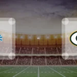 Eine Gamecard Grafik fuer das Spiel zwischen den Detroit Lions und Green Bay Packers am 10.01.27. die zwei Teamlogos stehen sich in einem Stadion mit vielen Zuschauern gegenueber.