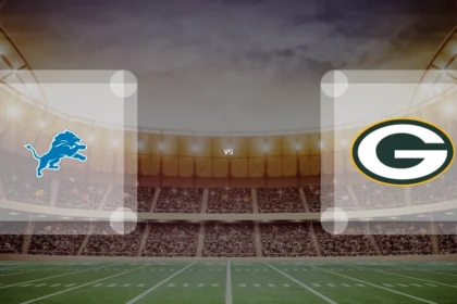 Eine Gamecard Grafik fuer das Spiel zwischen den Detroit Lions und Green Bay Packers am 10.01.27. die zwei Teamlogos stehen sich in einem Stadion mit vielen Zuschauern gegenueber.