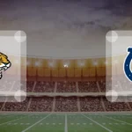 Eine Gamecard Grafik fuer das Spiel zwischen den Jacksonville Jaguars und Indianapolis Colts am 10.01.27. die zwei Teamlogos stehen sich in einem Stadion mit vielen Zuschauern gegenueber.