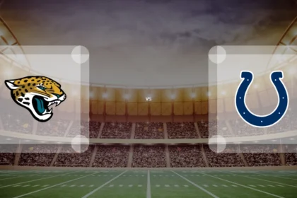 Eine Gamecard Grafik fuer das Spiel zwischen den Jacksonville Jaguars und Indianapolis Colts am 10.01.27. die zwei Teamlogos stehen sich in einem Stadion mit vielen Zuschauern gegenueber.