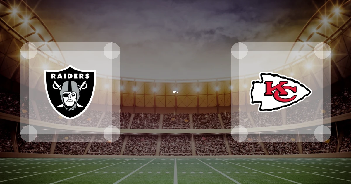 Eine Gamecard Grafik fuer das Spiel zwischen den Las Vegas Raiders und Kansas City Chiefs am 10.01.27. die zwei Teamlogos stehen sich in einem Stadion mit vielen Zuschauern gegenueber.