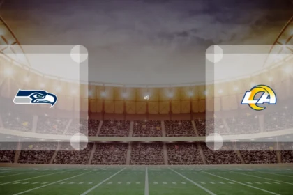 Eine Gamecard Grafik fuer das Spiel zwischen den Seattle Seahawks und Los Angeles Rams am 10.01.27. die zwei Teamlogos stehen sich in einem Stadion mit vielen Zuschauern gegenueber.