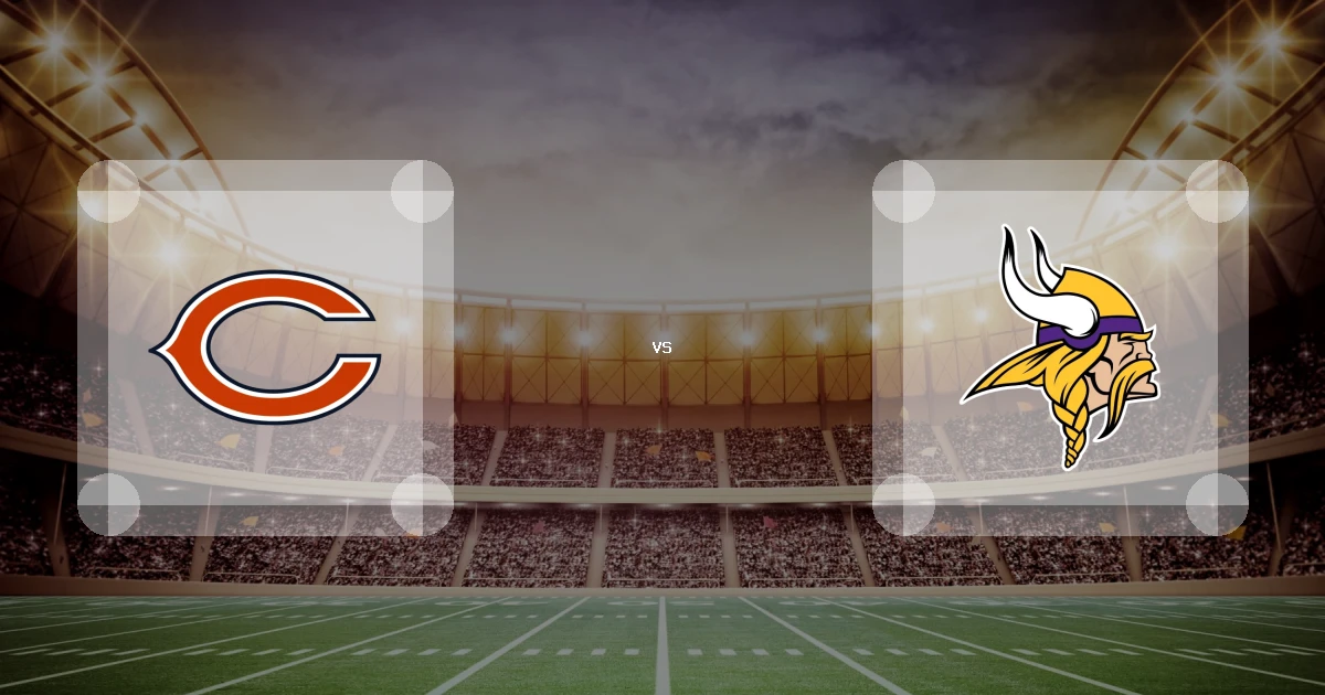 Eine Gamecard Grafik fuer das Spiel zwischen den Chicago Bears und Minnesota Vikings am 10.01.27. die zwei Teamlogos stehen sich in einem Stadion mit vielen Zuschauern gegenueber.