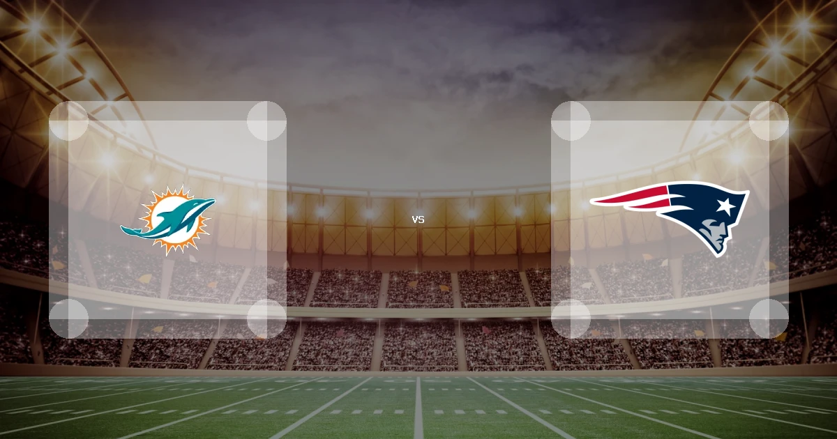 Eine Gamecard Grafik fuer das Spiel zwischen den Miami Dolphins und New England Patriots am 10.01.27. die zwei Teamlogos stehen sich in einem Stadion mit vielen Zuschauern gegenueber.