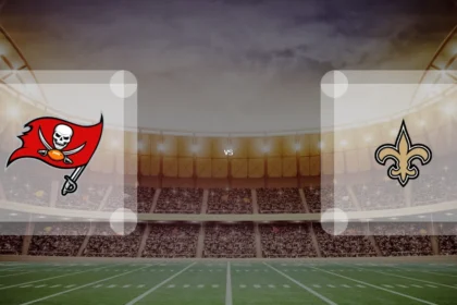 Eine Gamecard Grafik fuer das Spiel zwischen den Tampa Bay Buccaneers und New Orleans Saints am 10.01.27. die zwei Teamlogos stehen sich in einem Stadion mit vielen Zuschauern gegenueber.
