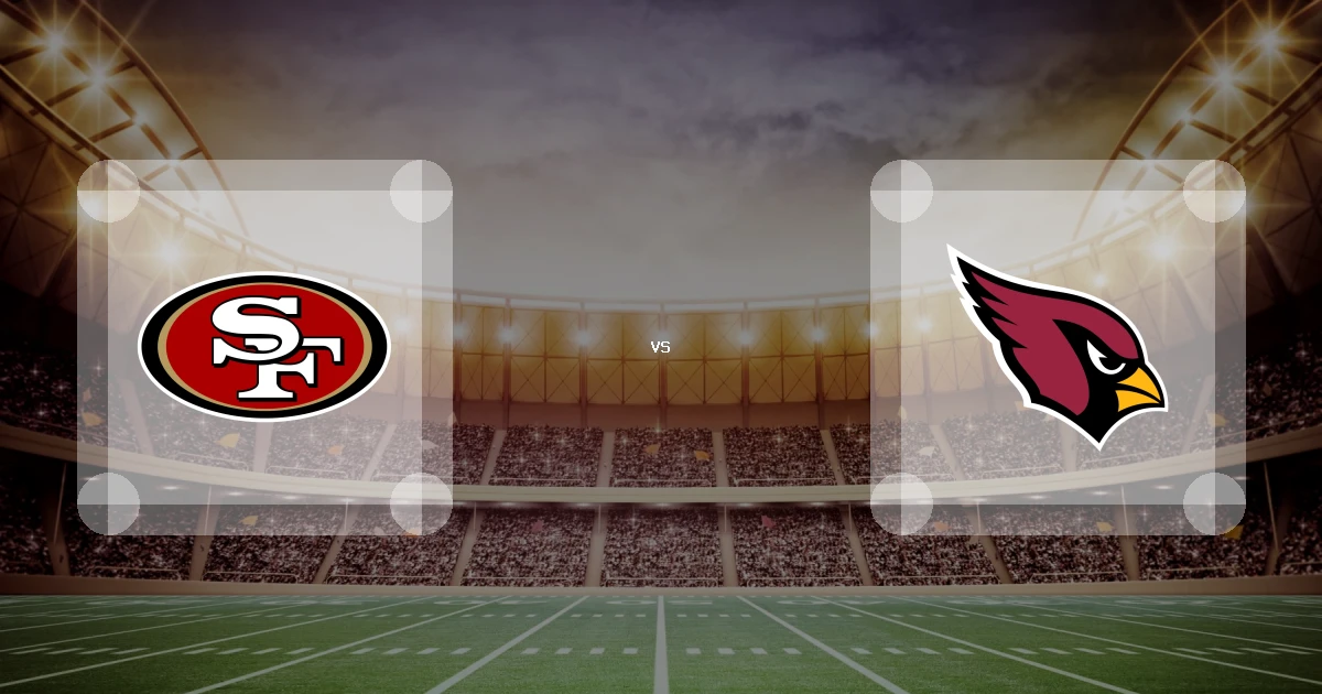 Eine Gamecard Grafik fuer das Spiel zwischen den San Francisco 49ers und Arizona Cardinals am 10.01.27. die zwei Teamlogos stehen sich in einem Stadion mit vielen Zuschauern gegenueber.