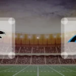 Eine Gamecard Grafik fuer das Spiel zwischen den Atlanta Falcons und Carolina Panthers am 10.01.27. die zwei Teamlogos stehen sich in einem Stadion mit vielen Zuschauern gegenueber.