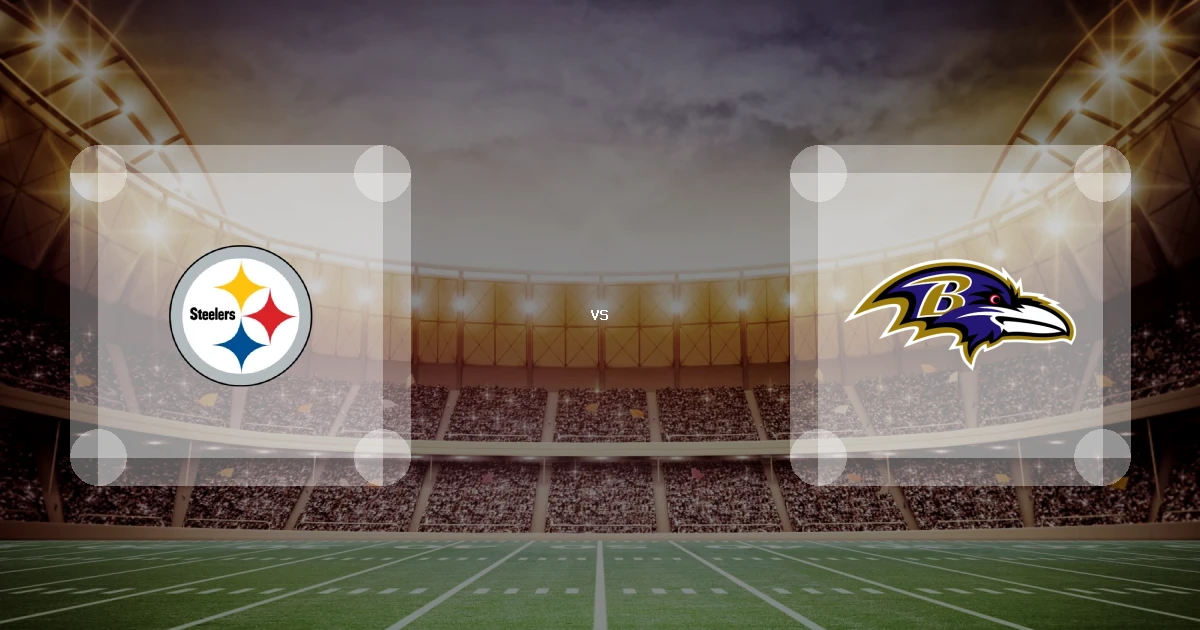 Eine Gamecard Grafik fuer das Spiel zwischen den Pittsburgh Steelers und Baltimore Ravens am 10.01.27. die zwei Teamlogos stehen sich in einem Stadion mit vielen Zuschauern gegenueber.