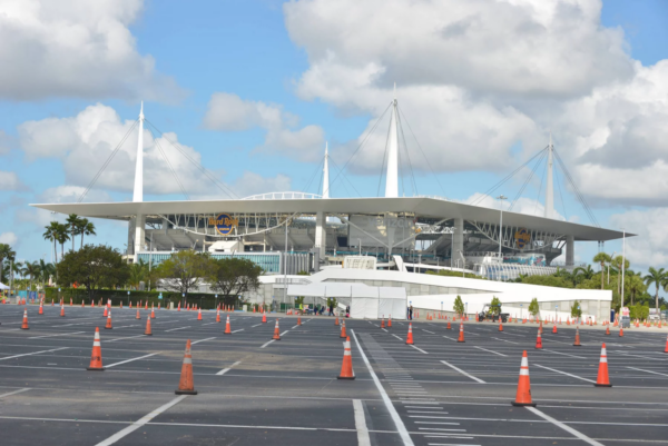 MIAMI GARDENS, FLORIDA - MARCH 22: General view outside coronavirus drive-thru testing site at Hard Rock Stadium in Miam