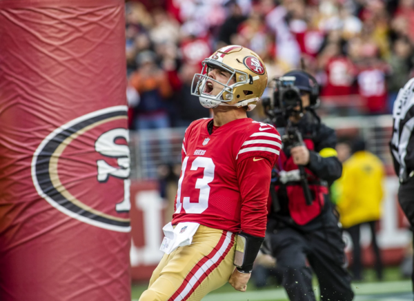 SANTA CLARA, CA - DECEMBER 11: San Francisco 49ers quarterback Brock Purdy 13 celebrates a touchdown in the second quarter of an NFL, American Football Herren, USA game between the San Francisco 49ers and Tampa Bay Buccaneers on December 11, 2022, at Levis Stadium, in Santa Clara, CA. Photo by Tony Ding/Icon Sportswire NFL: DEC 11 Buccaneers at 49ers Icon46520221211001