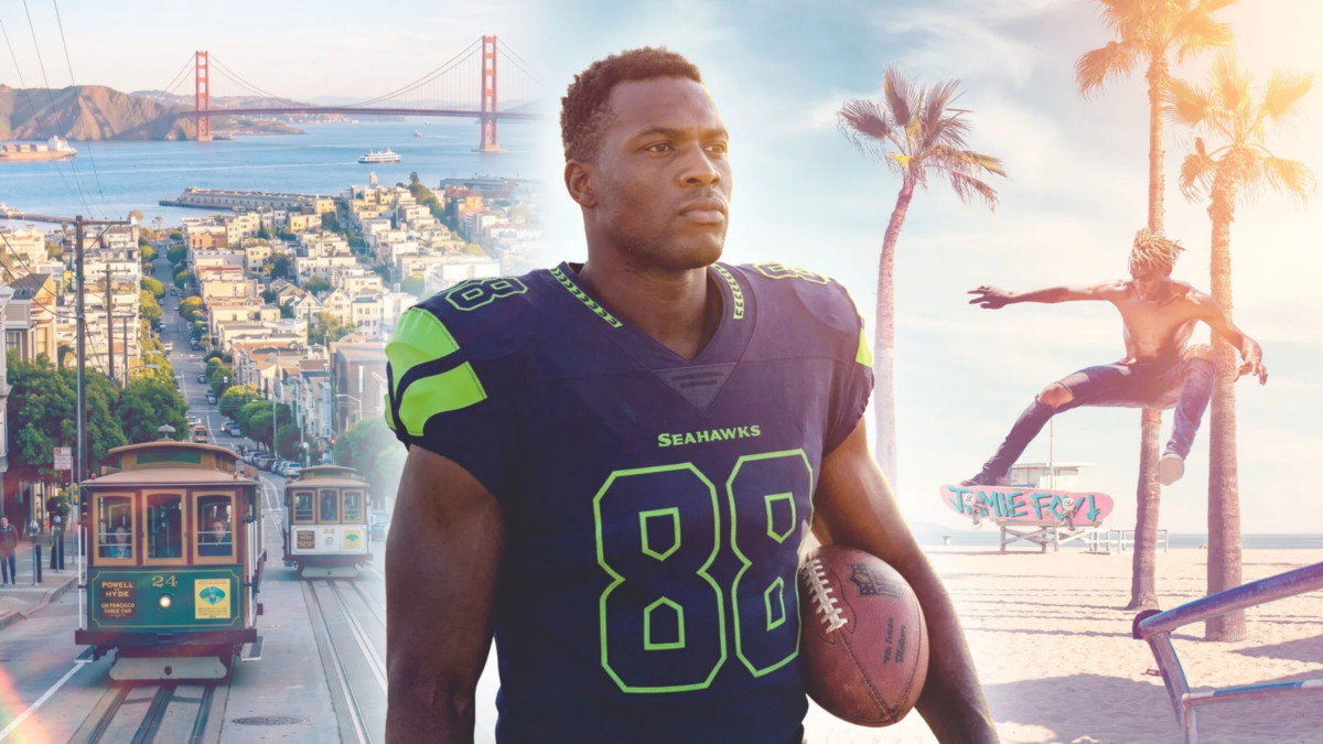 Ein Football-Spieler in einer Seahawks-Uniform hält einen Football und fängt damit den Geist der NFL-Reise ein. Eine Stadtlandschaft, die Golden Gate Bridge, eine Seilbahn und ein Skateboarder am Strand deuten auf einen unvergesslichen Football-Traum für 2026 hin. Alt-Text wurde KI-generiert.