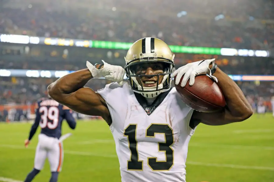 CHICAGO, IL - OCTOBER 20: New Orleans Saints wide receiver Michael Thomas (13) reacts to scoring a touchdown against Ch