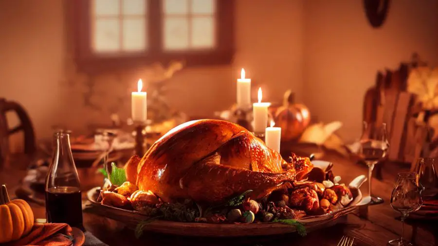 FootballR - NFL - Ein Thanksgiving-Truthahn sitzt auf einem Tisch mit Kerzen und sorgt für eine warme und festliche Atmosphäre. Diese NFL Games erwarten dich im TV und als Stream